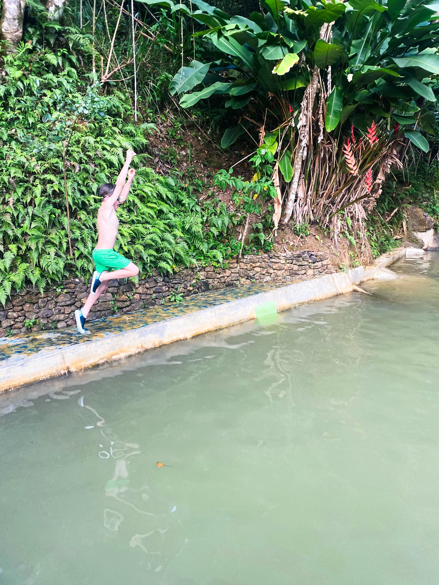 Guest jumping into the natural water pool surrounded by greenery