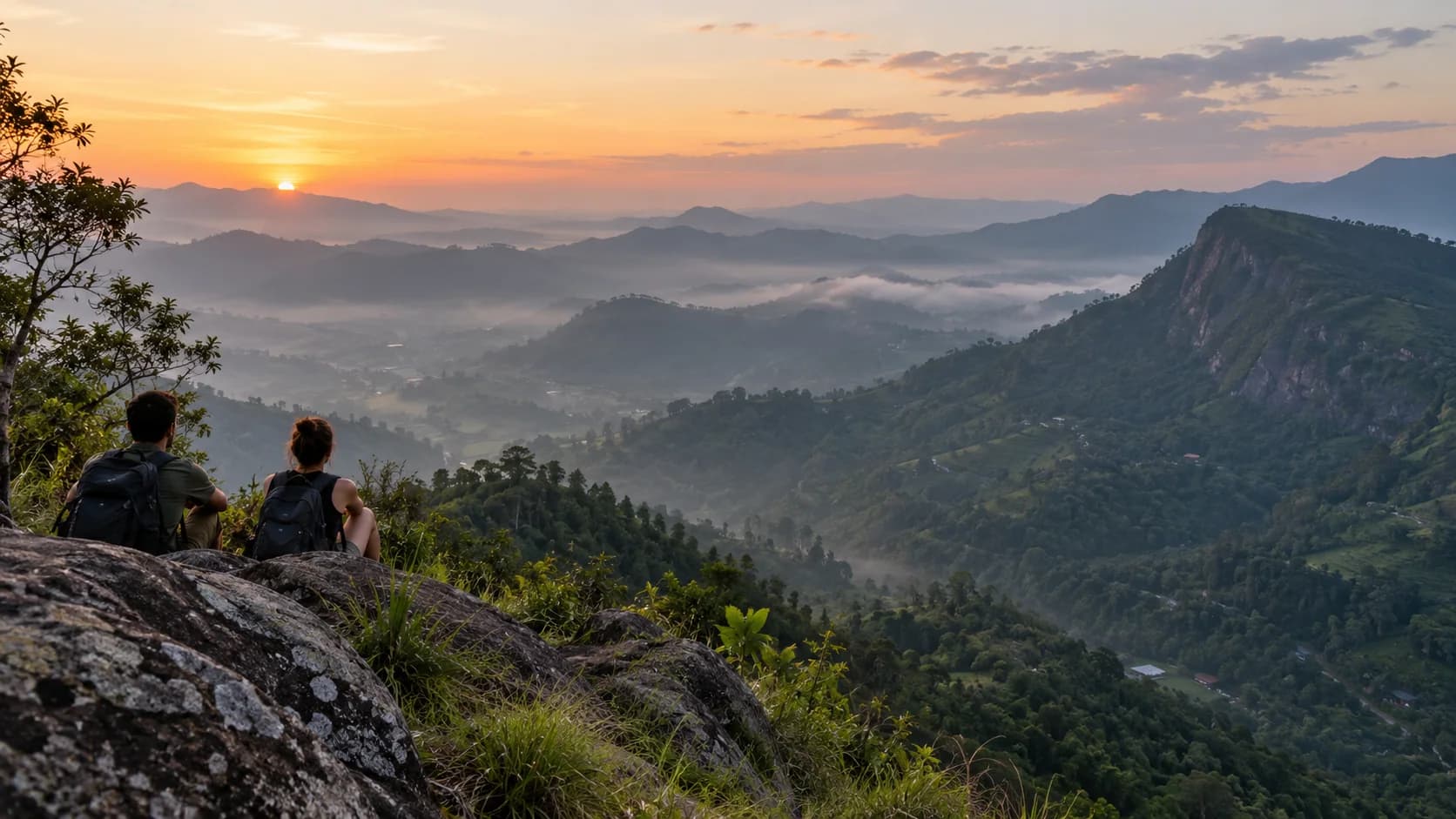Two hikers looking over a misty hill-country valley at sunrise