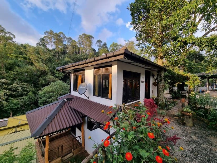 Train View Chalet framed by flowers and forest