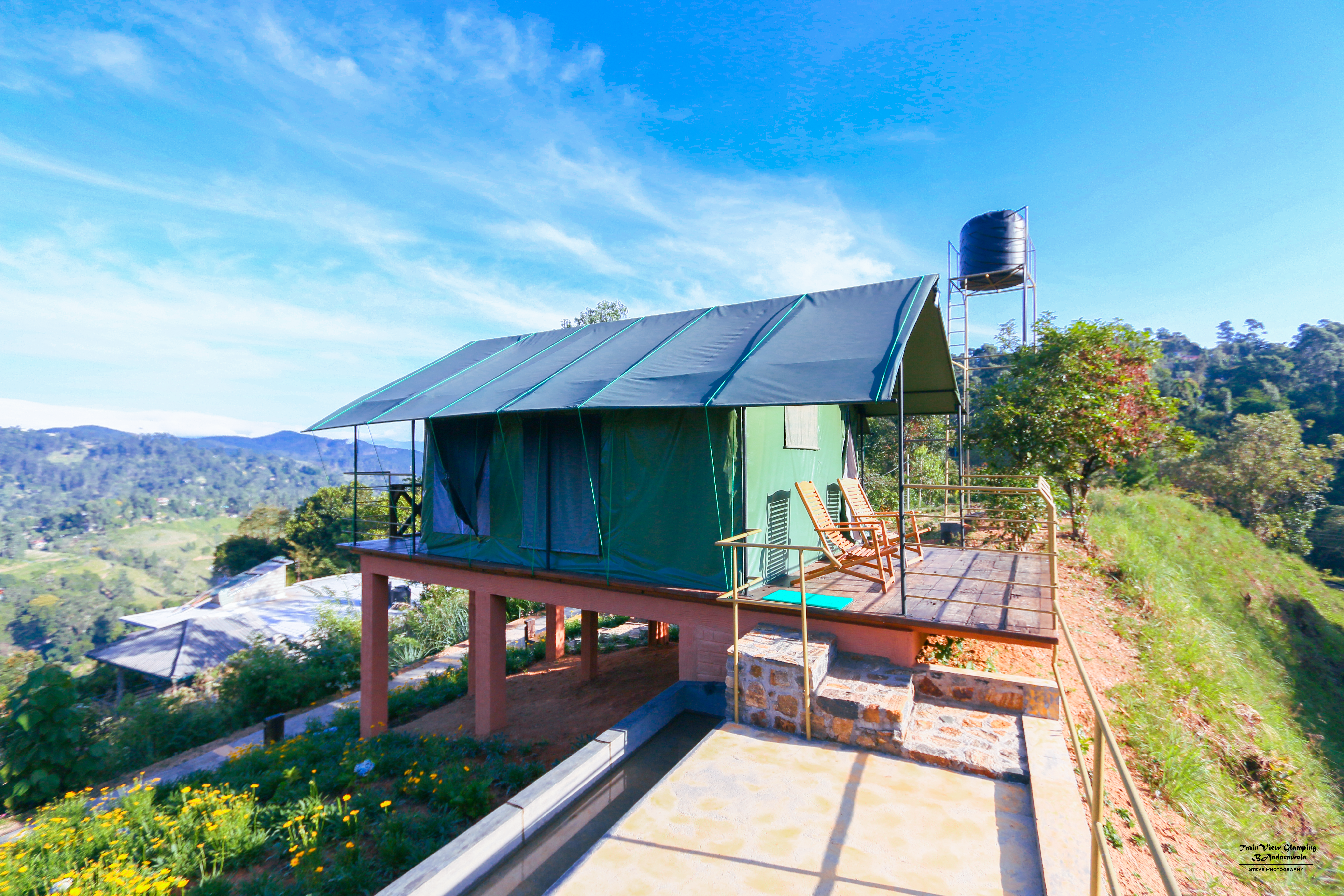 Glamping deck looking out across the hills