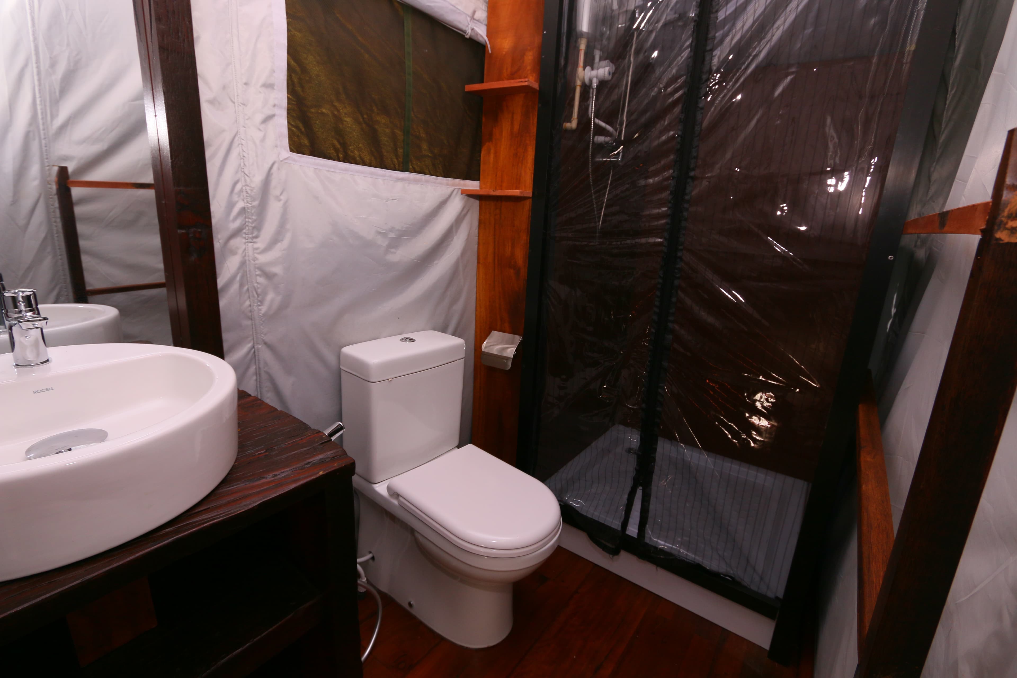 Private bathroom inside a glamping unit
