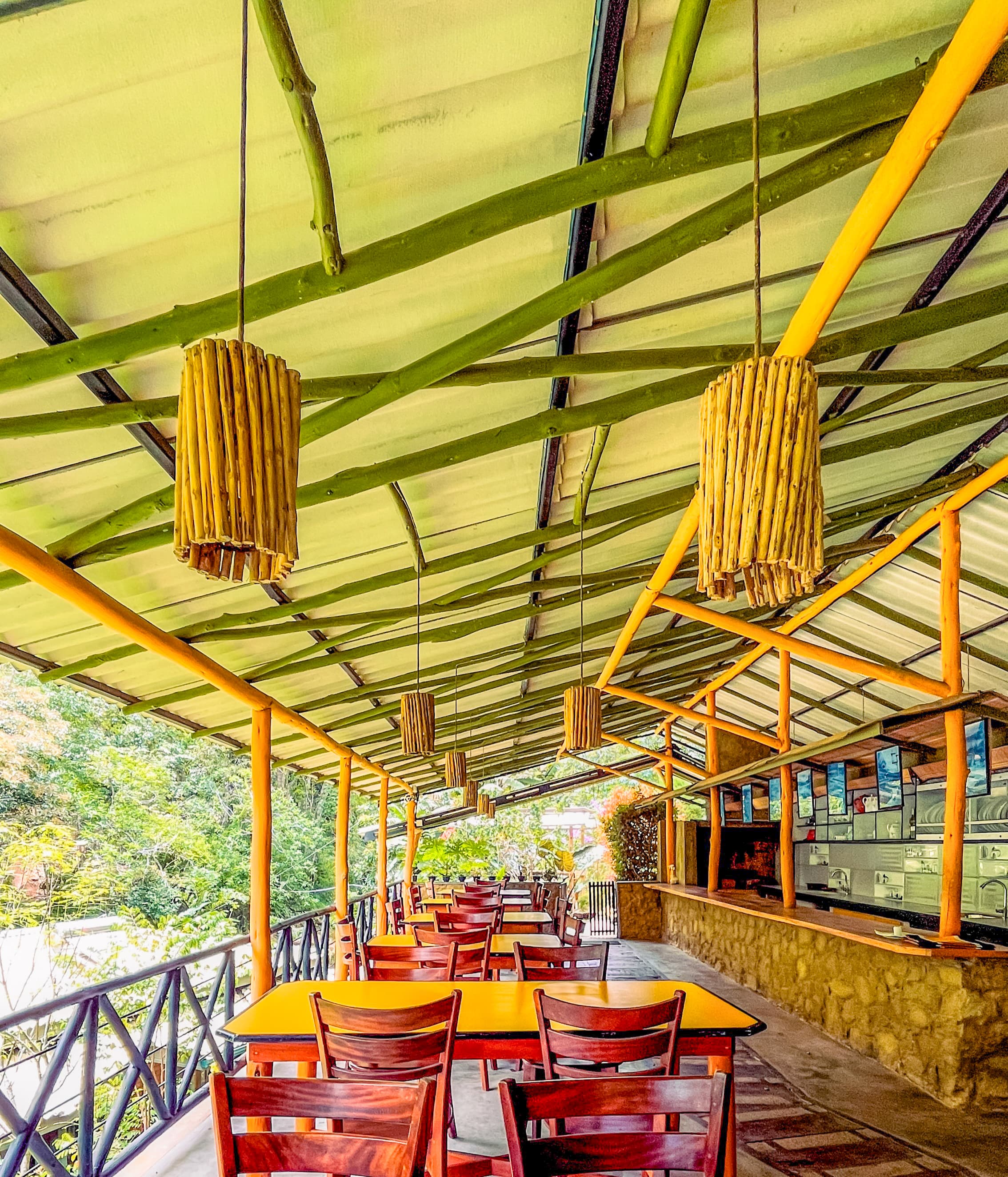 Open-air restaurant terrace surrounded by forest